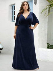 Classic Plus Size Backless Velvet Maxi Evening Dress with Short Sleeves