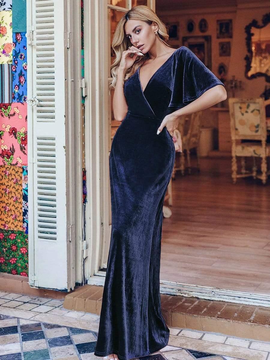 Feminine V-Neck Velvet A-Line Evening Dress with Sleeves