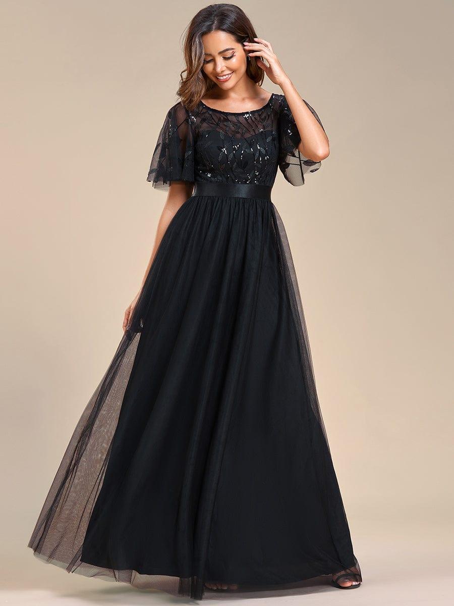 Chic A-Line Embroidery Tulle Floor-Length Evening Dress with  Short Sleeves