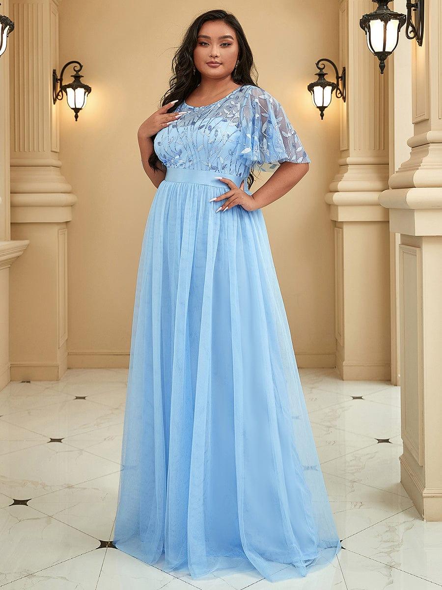 Romantic Plus Size Sequin A-Line Formal Evening Dresses with Sash