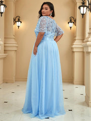 Romantic Plus Size Sequin A-Line Formal Evening Dresses with Sash