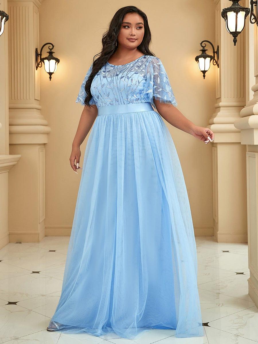 Romantic Plus Size Sequin A-Line Formal Evening Dresses with Sash