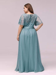 Romantic Plus Size Sequin A-Line Formal Evening Dresses with Sash