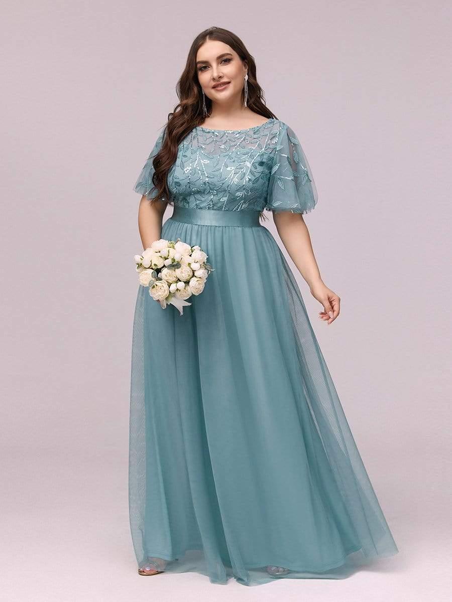 Romantic Plus Size Sequin A-Line Formal Evening Dresses with Sash