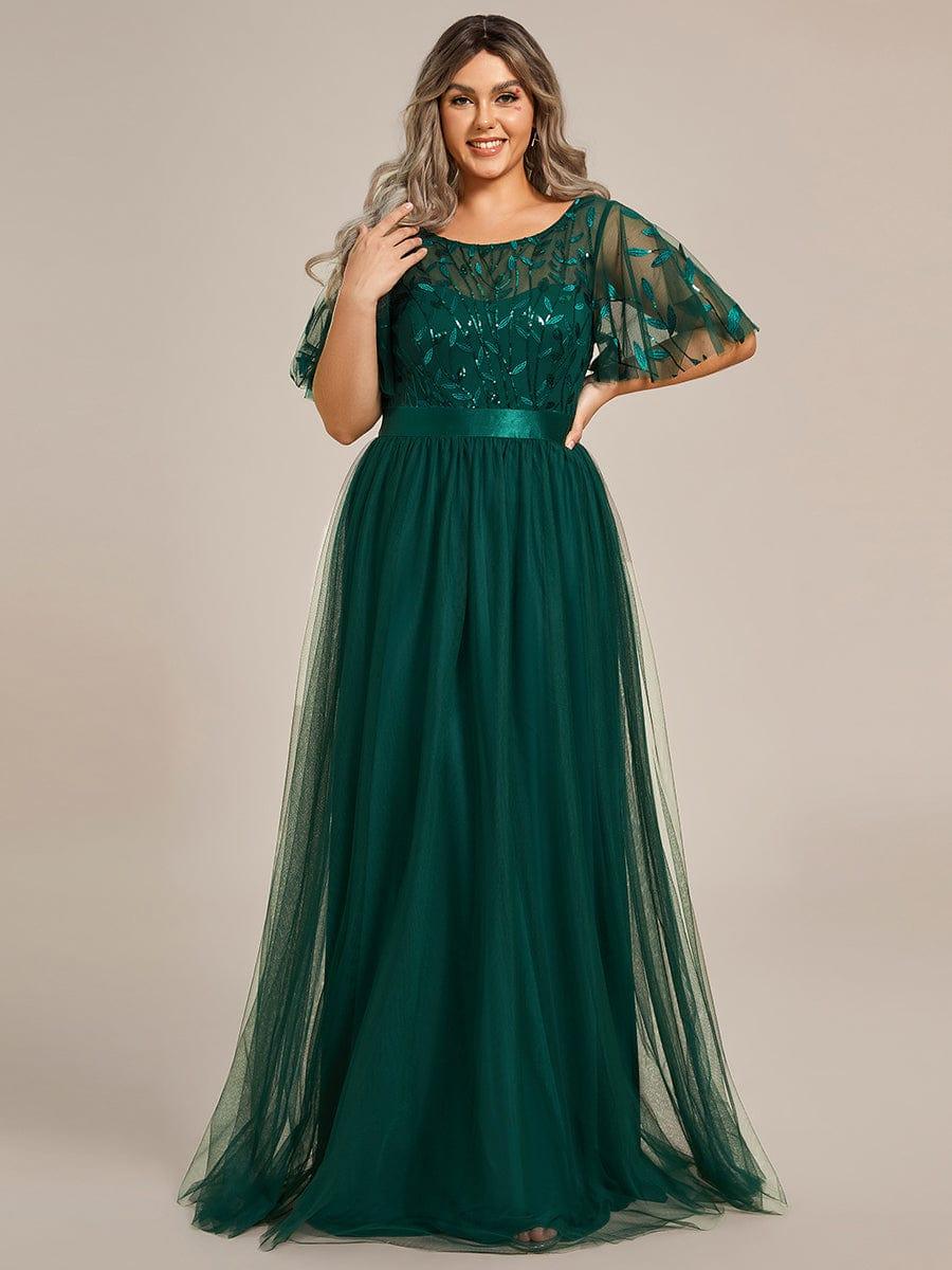 Romantic Plus Size Sequin A-Line Formal Evening Dresses with Sash
