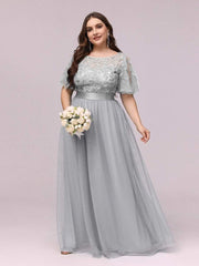 Romantic Plus Size Sequin A-Line Formal Evening Dresses with Sash