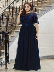 Romantic Plus Size Sequin A-Line Formal Evening Dresses with Sash