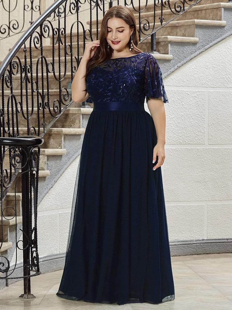Romantic Plus Size Sequin A-Line Formal Evening Dresses with Sash
