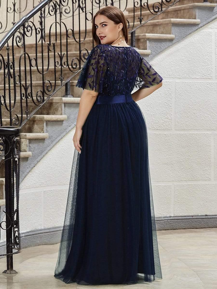 Romantic Plus Size Sequin A-Line Formal Evening Dresses with Sash