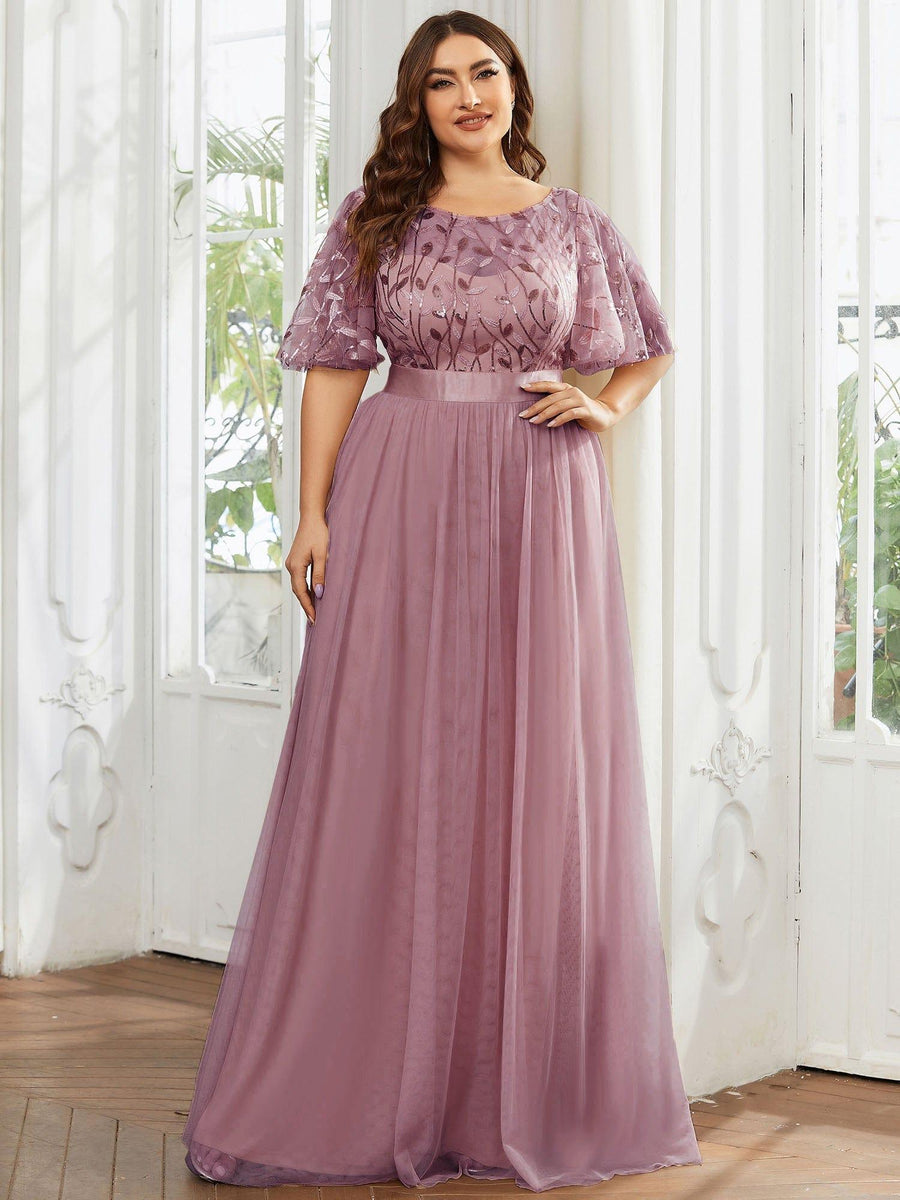 Romantic Plus Size Sequin A-Line Formal Evening Dresses with Sash
