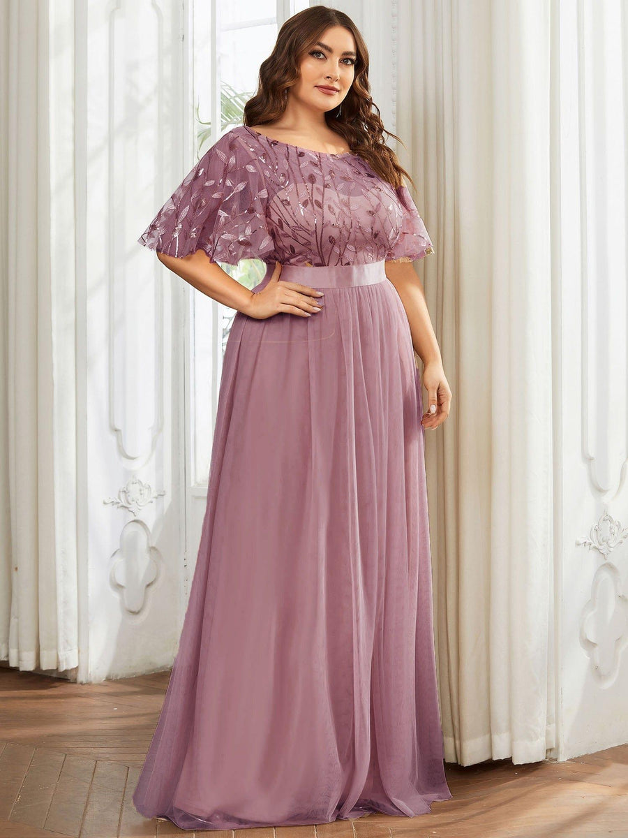 Romantic Plus Size Sequin A-Line Formal Evening Dresses with Sash