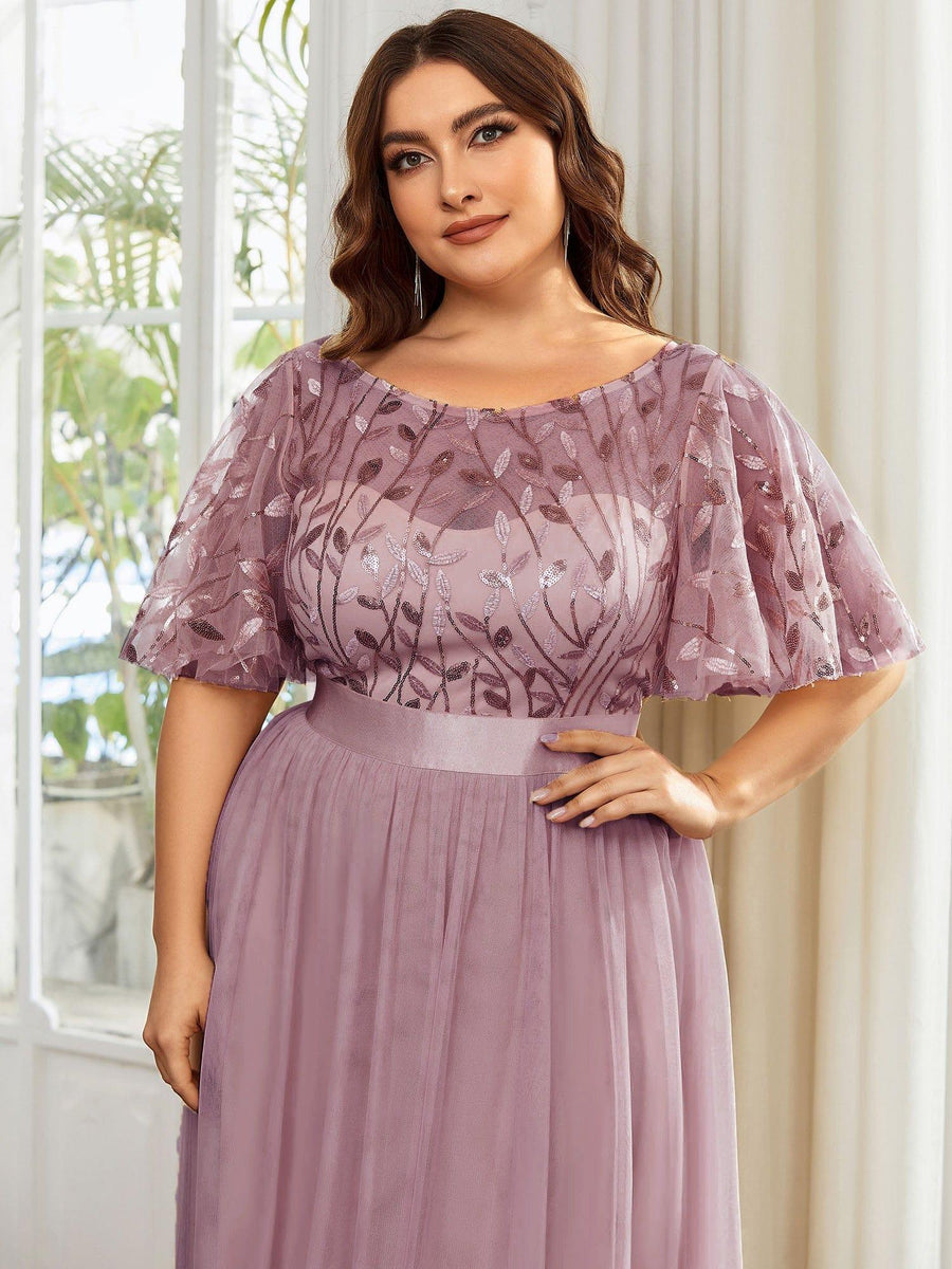 Romantic Plus Size Sequin A-Line Formal Evening Dresses with Sash