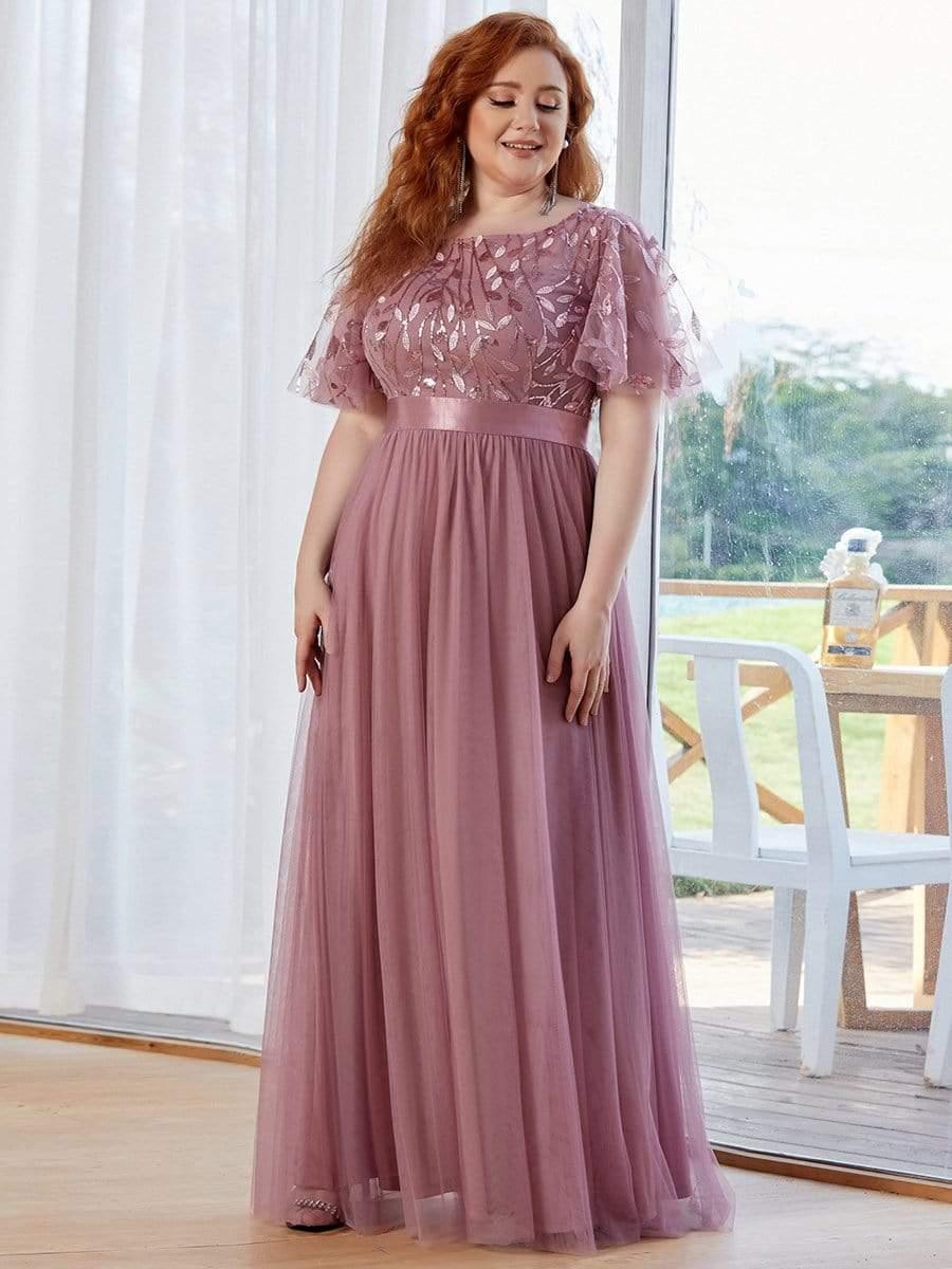 Romantic Plus Size Sequin A-Line Formal Evening Dresses with Sash