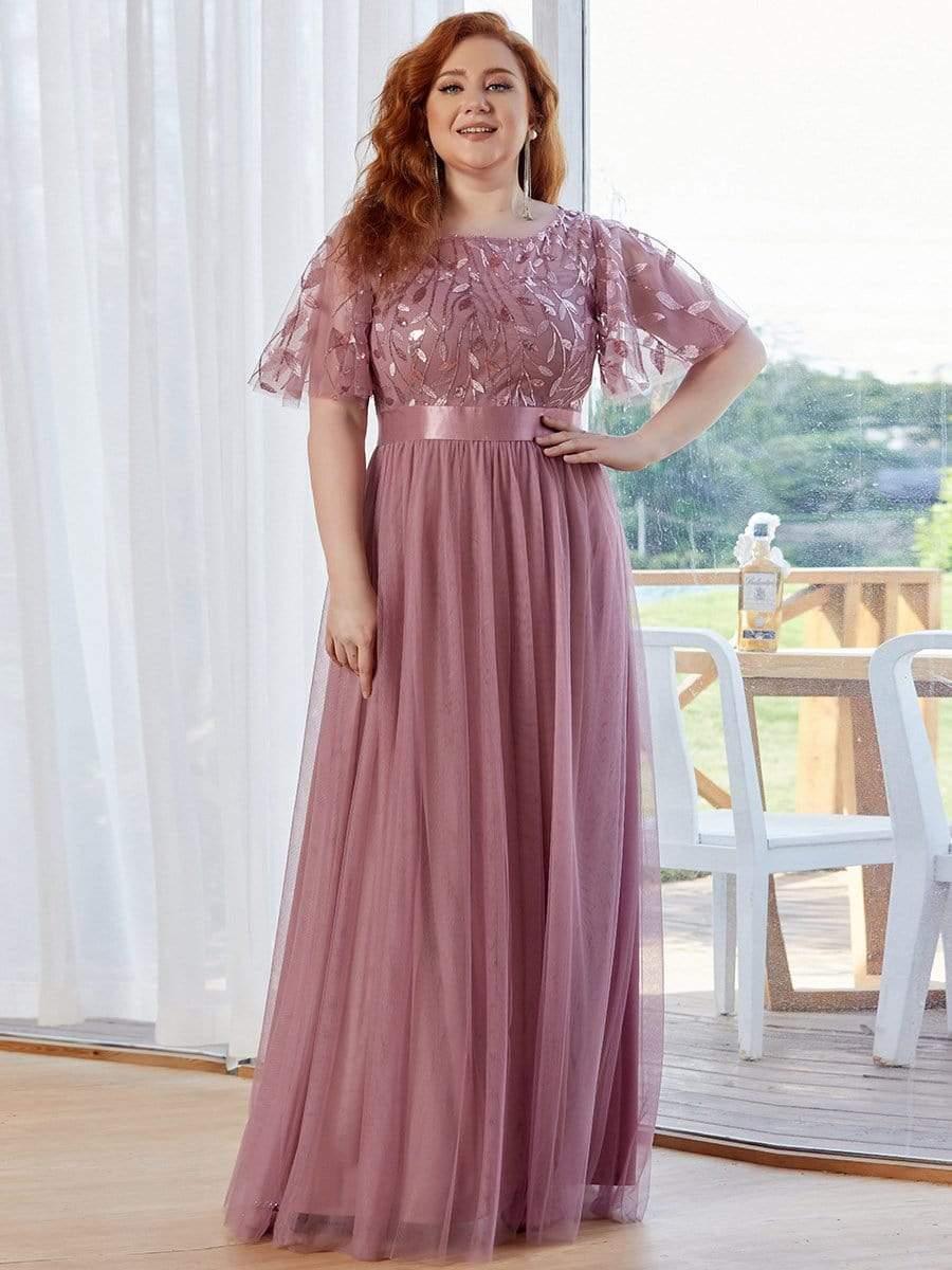 Romantic Plus Size Sequin A-Line Formal Evening Dresses with Sash