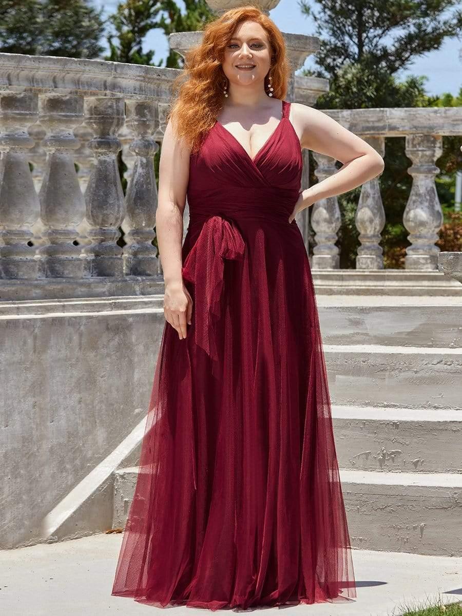 Graceful Plus Size V-Neck A-Line Tulle Bridesmaid Dress