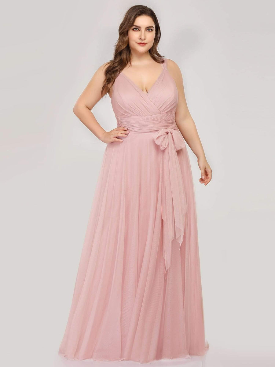 Graceful Plus Size V-Neck A-Line Tulle Bridesmaid Dress