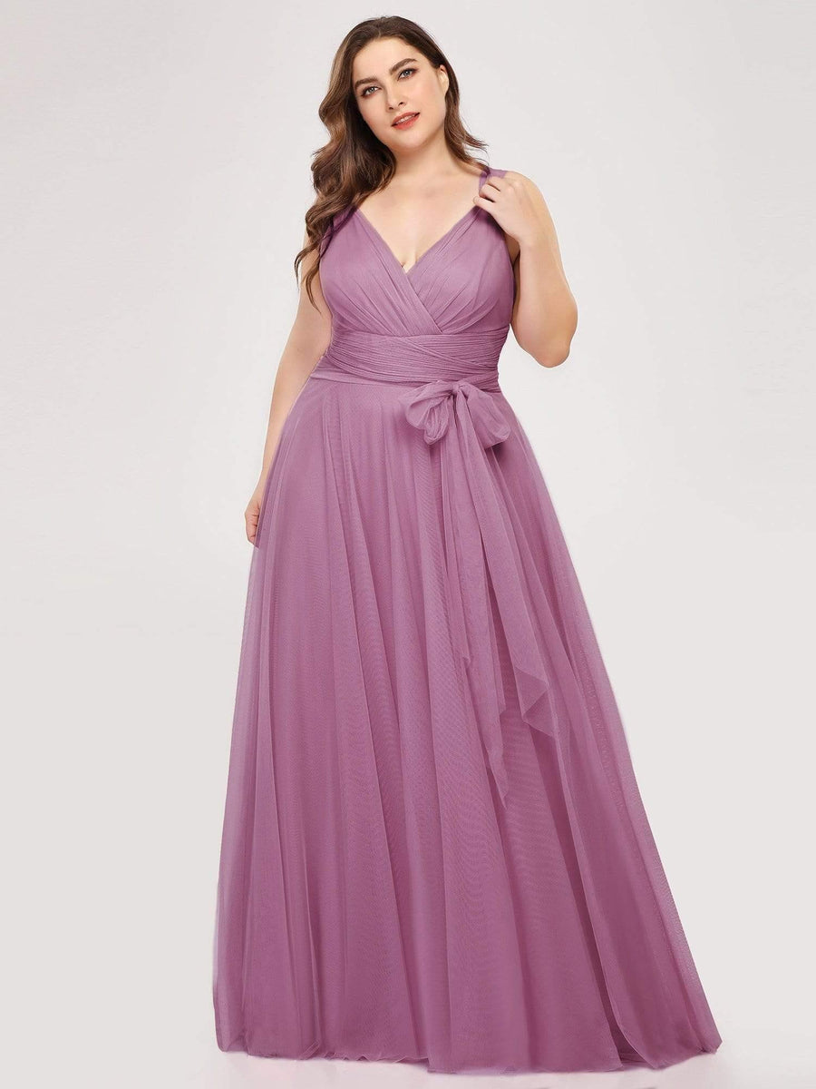 Graceful Plus Size V-Neck A-Line Tulle Bridesmaid Dress