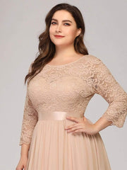 Stylish Plus Size Lace A-Line Chiffon Evening Dress with Half Sleeves