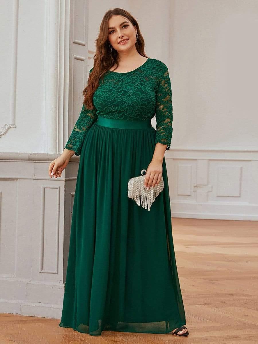 Stylish Plus Size Lace A-Line Chiffon Evening Dress with Half Sleeves