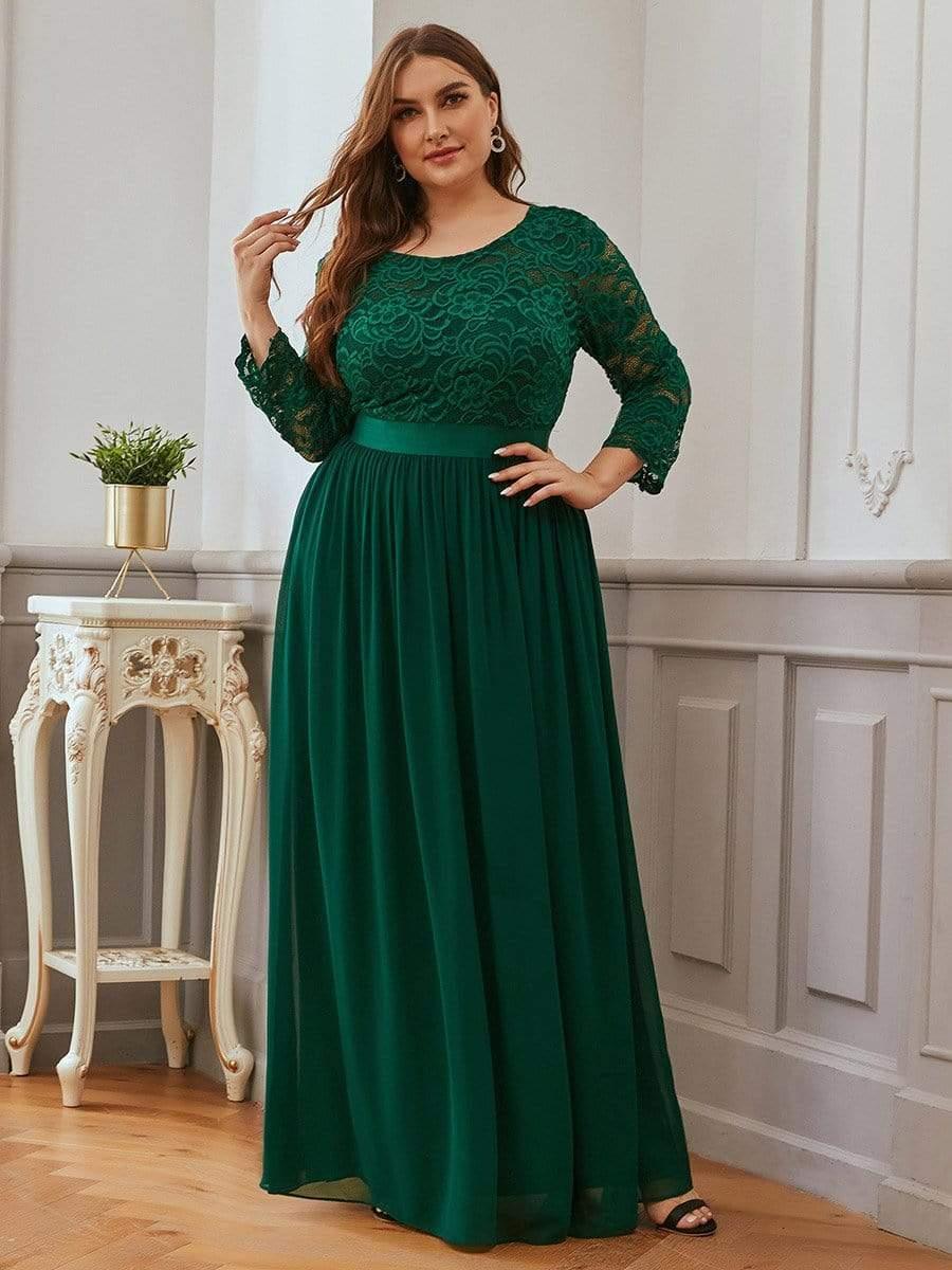 Stylish Plus Size Lace A-Line Chiffon Evening Dress with Half Sleeves