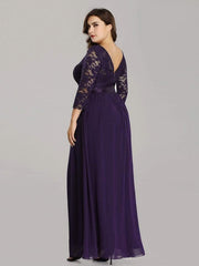 Stylish Plus Size Lace A-Line Chiffon Evening Dress with Half Sleeves
