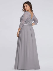 Stylish Plus Size Lace A-Line Chiffon Evening Dress with Half Sleeves