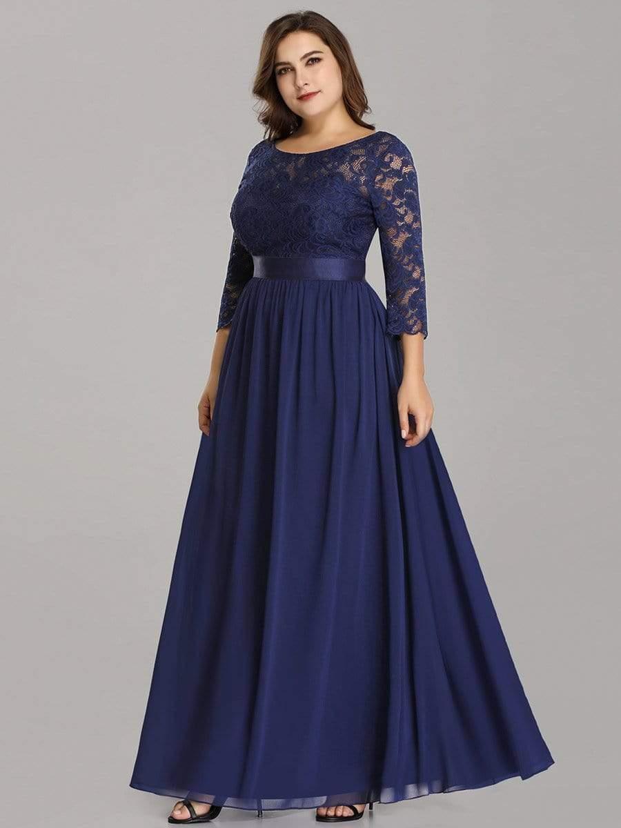 Stylish Plus Size Lace A-Line Chiffon Evening Dress with Half Sleeves