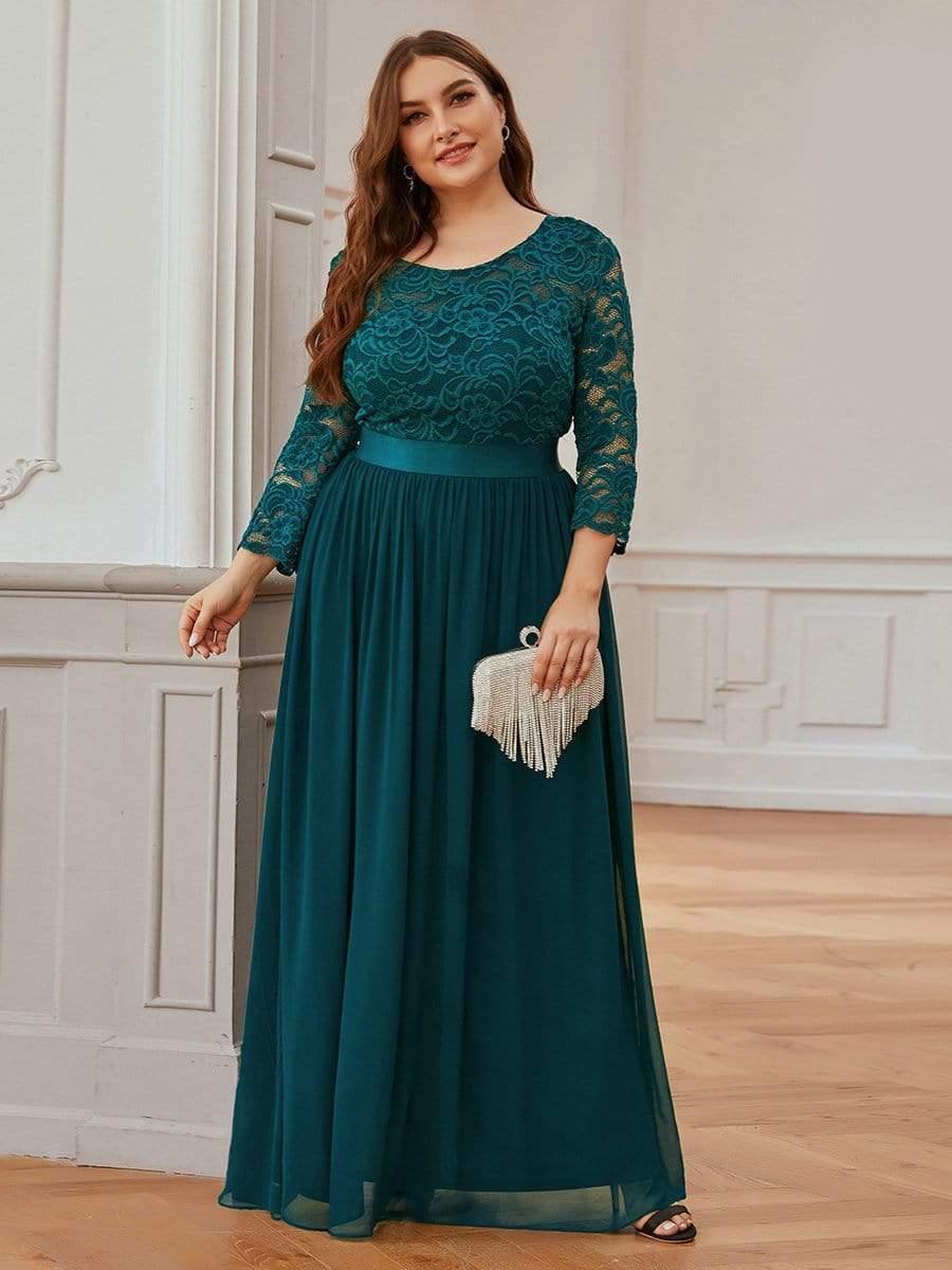 Stylish Plus Size Lace A-Line Chiffon Evening Dress with Half Sleeves