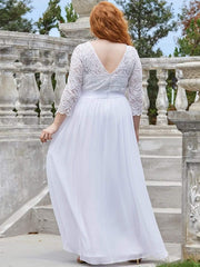 Stylish Plus Size Lace A-Line Chiffon Evening Dress with Half Sleeves
