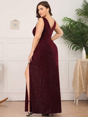 Gorgeous Plus Size V-Neck Formal Evening Dress with Slit