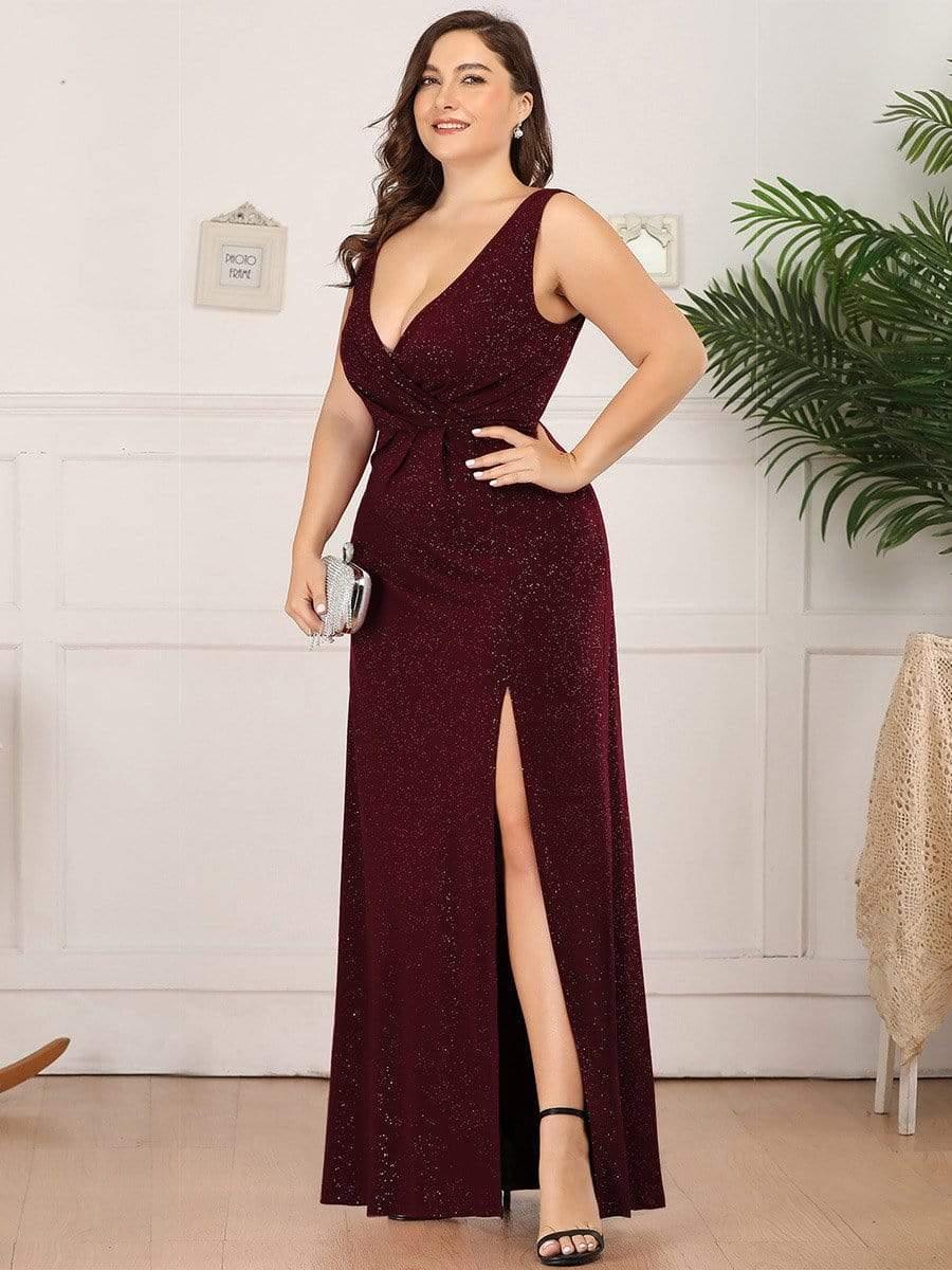 Gorgeous Plus Size V-Neck Formal Evening Dress with Slit