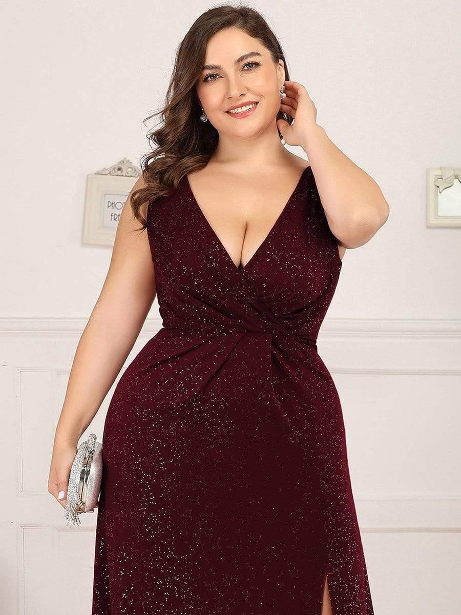 Gorgeous Plus Size V-Neck Formal Evening Dress with Slit