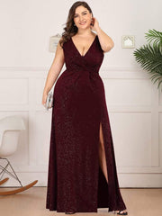 Gorgeous Plus Size V-Neck Formal Evening Dress with Slit