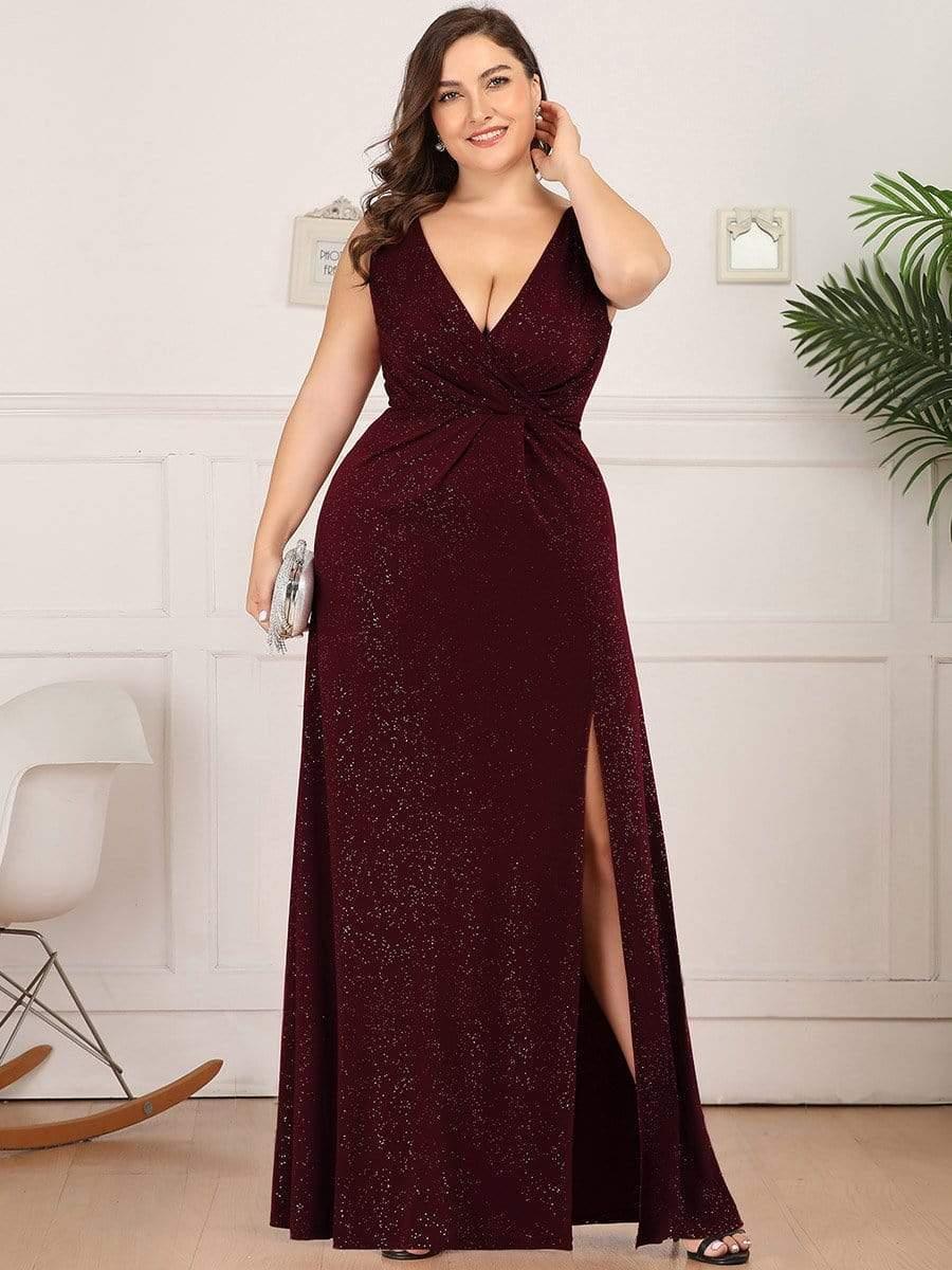 Gorgeous Plus Size V-Neck Formal Evening Dress with Slit
