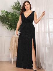 Gorgeous Plus Size V-Neck Formal Evening Dress with Slit