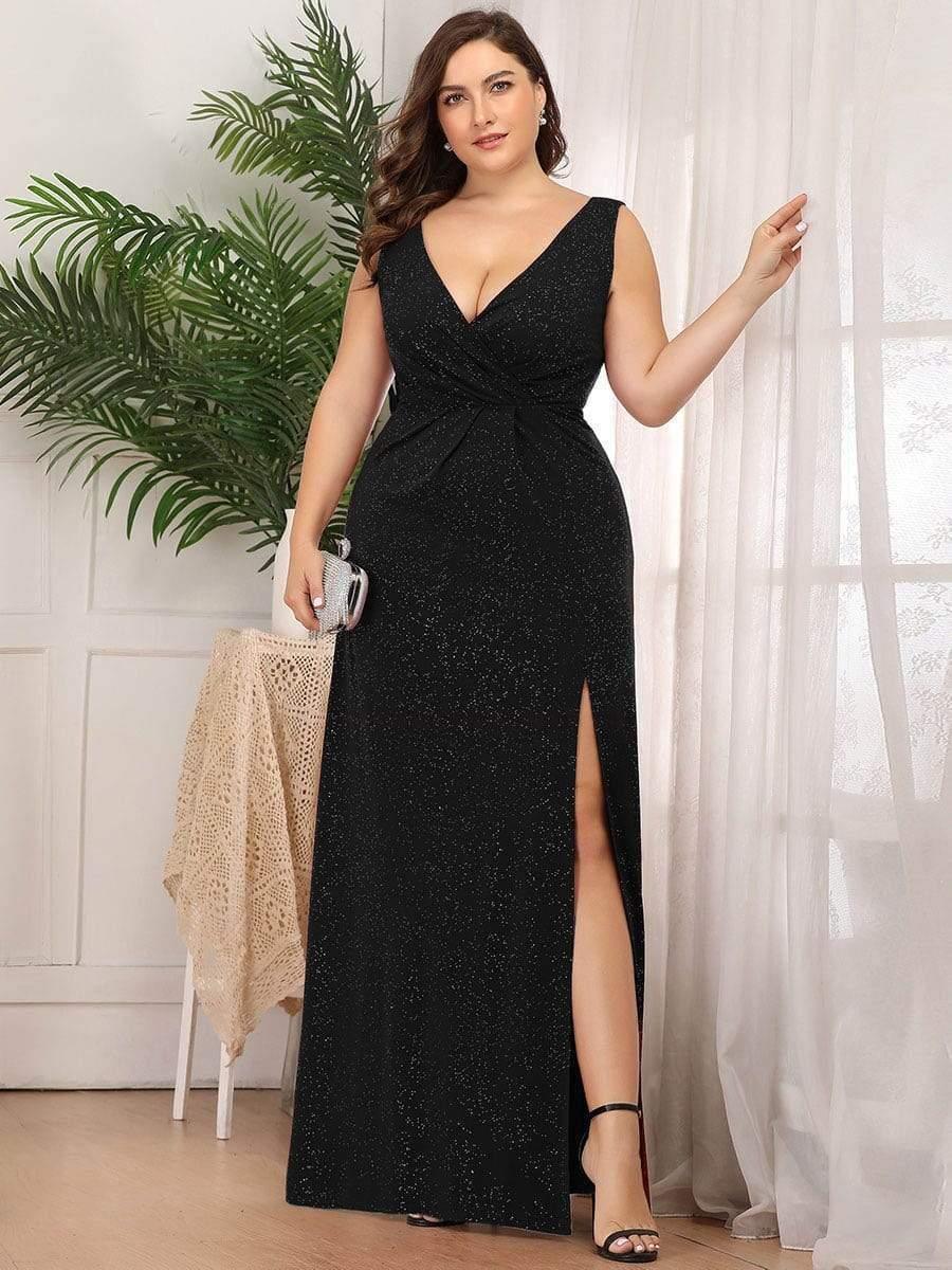 Gorgeous Plus Size V-Neck Formal Evening Dress with Slit