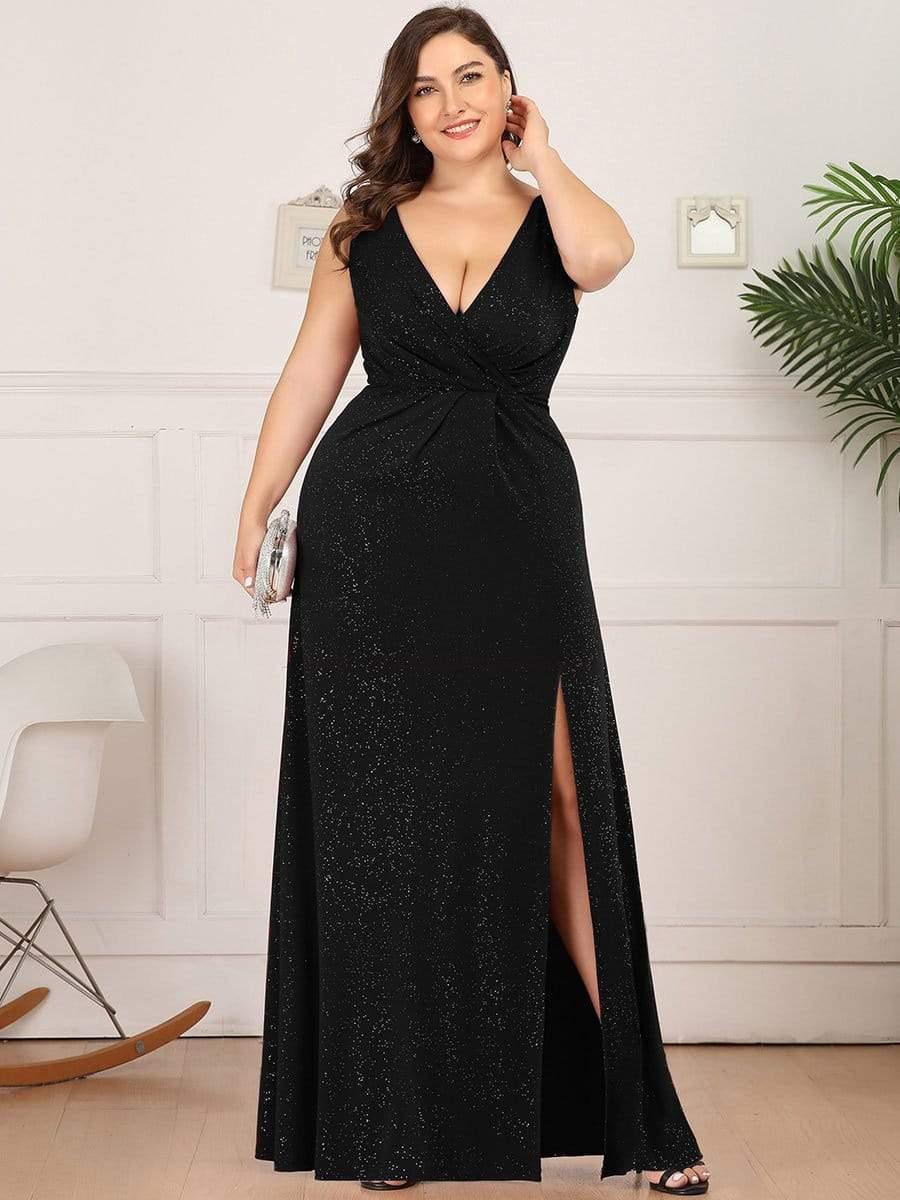 Gorgeous Plus Size V-Neck Formal Evening Dress with Slit