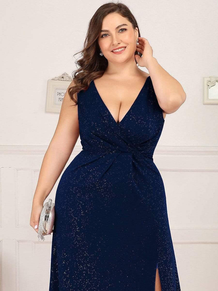 Gorgeous Plus Size V-Neck Formal Evening Dress with Slit