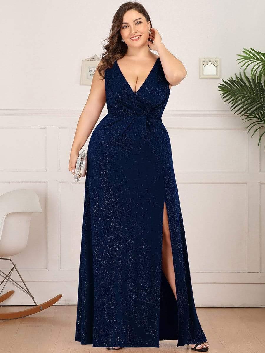 Gorgeous Plus Size V-Neck Formal Evening Dress with Slit