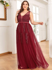 Graceful Plus Size Maxi V-Neck Tulle Formal Evening Dress with Sash