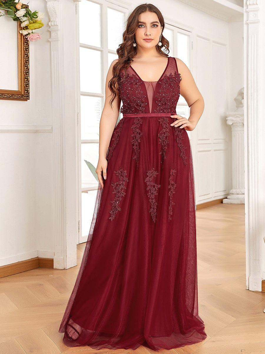 Graceful Plus Size Maxi V-Neck Tulle Formal Evening Dress with Sash