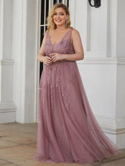 Graceful Plus Size Maxi V-Neck Tulle Formal Evening Dress with Sash