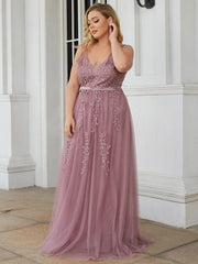 Graceful Plus Size Maxi V-Neck Tulle Formal Evening Dress with Sash