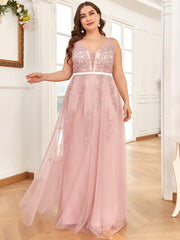 Graceful Plus Size Maxi V-Neck Tulle Formal Evening Dress with Sash