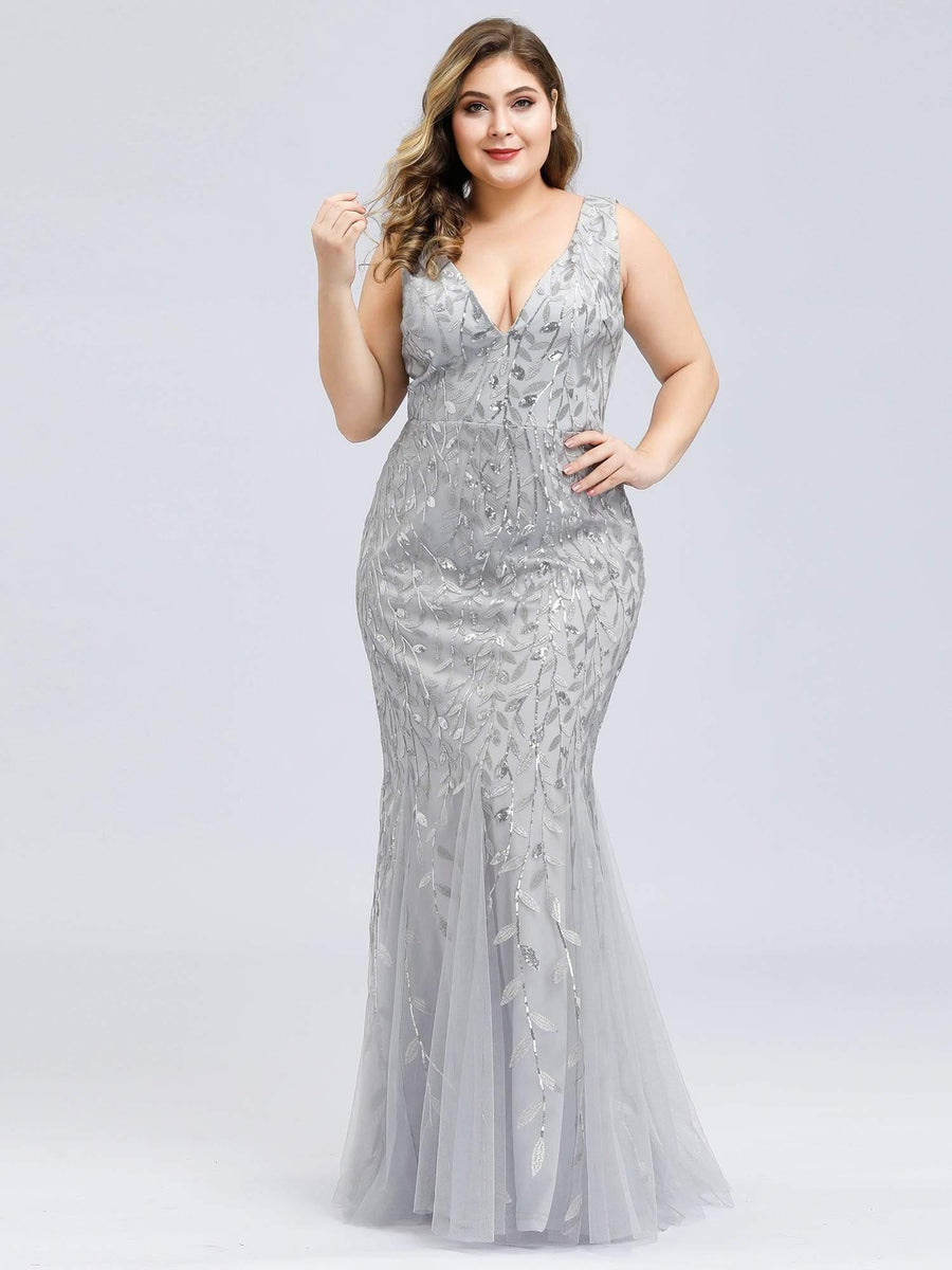Graceful Plus Size Maxi Mermaid Sequin Formal Dresses & Gowns with Open Back