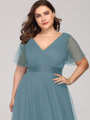 Chic Long A-Line Plus Size Formal Bridesmaid Dress with Short Sleeves