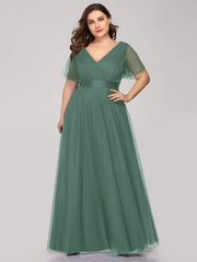 Chic Long A-Line Plus Size Formal Bridesmaid Dress with Short Sleeves