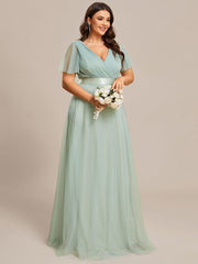 Chic Long A-Line Plus Size Formal Bridesmaid Dress with Short Sleeves