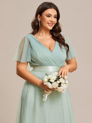 Chic Long A-Line Plus Size Formal Bridesmaid Dress with Short Sleeves