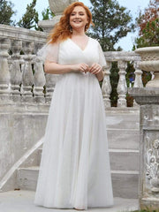 Chic Long A-Line Plus Size Formal Bridesmaid Dress with Short Sleeves